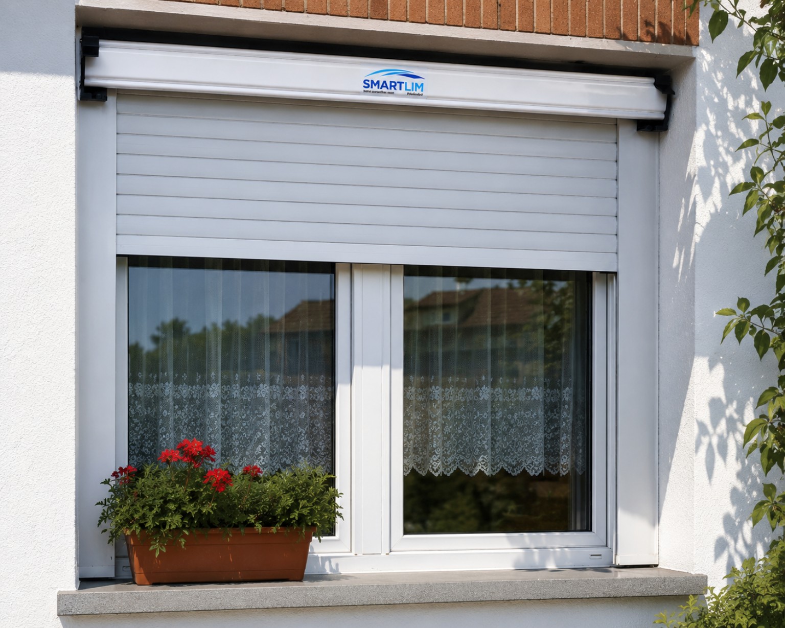 Limpiapersianas automático SMARTLIM instalado en la parte superior exterior de una persiana con guías de aluminio