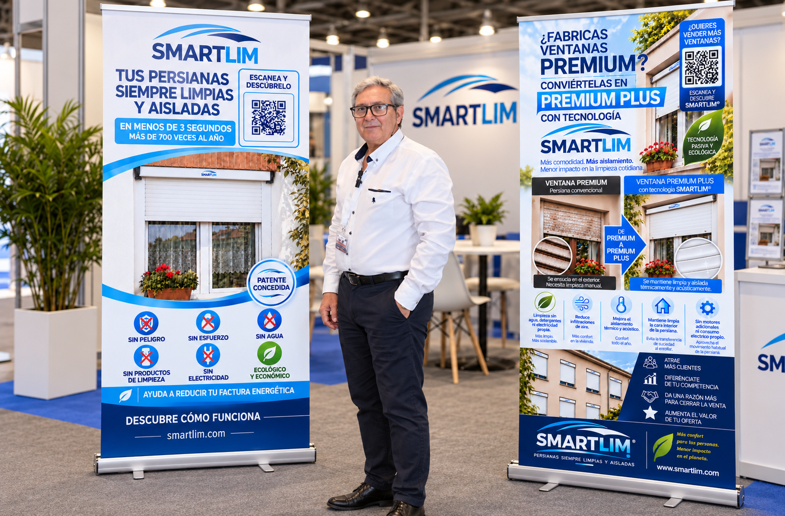 Luis Alberto Codilla Segura en el stand de SMARTLIM junto a dos roll-ups